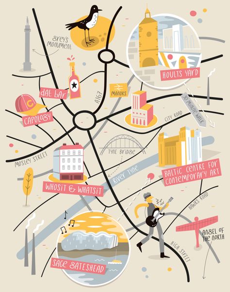 Illustrated map of Newcastle by Tom Woolley Newcastle Map, City Maps Illustration, Illustration Example, Illustrated Maps, Map Projects, Infographic Map, Travel Infographic, Hand Drawn Map, Drawn Map