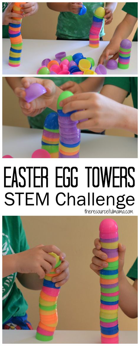 Challenge kids to an Easter egg tower STEM challenge using plastic Easter eggs. Tower Stem Challenge, Easter Stem, Easter Crafts Preschool, Easter Week, Easter Preschool, Easter Activities For Kids, Stem Challenge, Easter Games, Plastic Easter Eggs