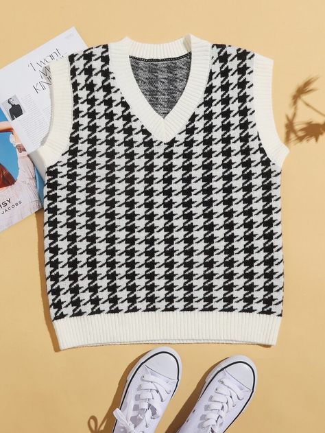 Free Returns ✓ Free Shipping On Orders $49+ ✓. Houndstooth V Neck Sweater Vest- Knit Tops at SHEIN. How To Style A Sweater Vest, V Neck Sweater Vest, Sweater Vests, Hollister Sweater, Fall Fit, Black Houndstooth, Sweater Vest Women, Black And White Pattern, Style Preppy