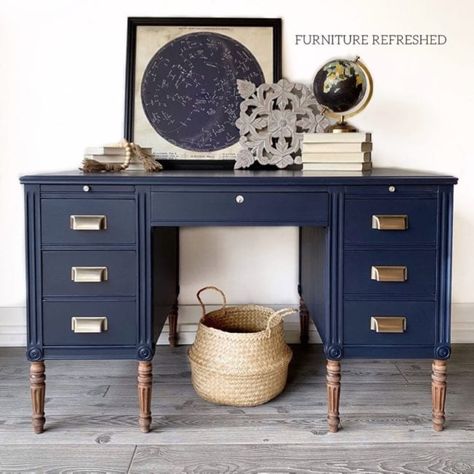 Clay Furniture, Navy Blue Paint Colors, Navy Furniture, Navy Blue Paint, Blue Painted Furniture, Blue Desk, Painted Desk, Furniture Flips, Traditional Paint