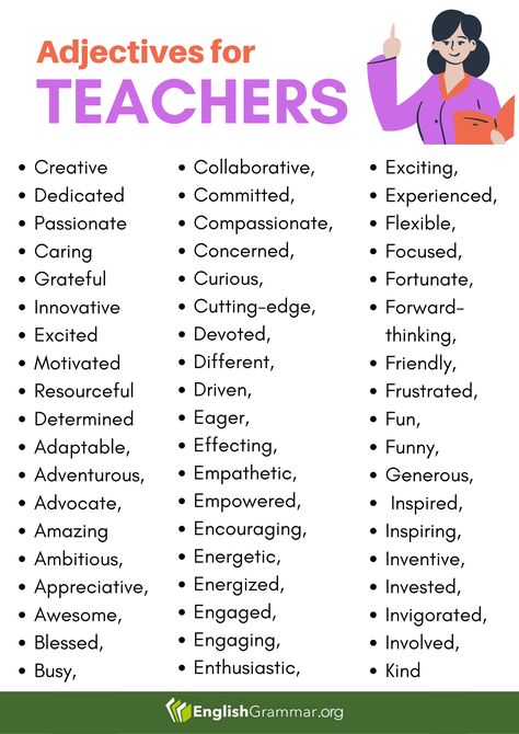 Adjectives for Teachers Other Words For Good, Words For Good, Teaching Template, Words For Teacher, Basic English Grammar Book, Business Terms, English Adjectives, Spell Check, Describing Words