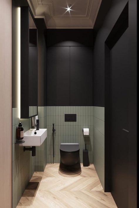 Moody Commercial Bathroom, Black Toilet Bathroom Ideas, Commercial Bathroom Designs, Toilette Design, Toilet Room Decor, Restroom Design, Neoclassical Interior, Eclectic Bathroom, Washroom Design