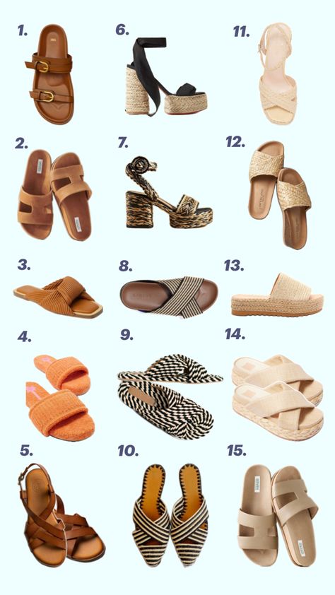 2024 summer sandal styles labeled 1-15 counting down each column from top to bottom, then on to the next column Thick Sandals, Europe Travel Tips, Summer Sandals, The Mediterranean, Sandal Fashion, Sandals Summer, Packing List, Europe Travel, Style Icons