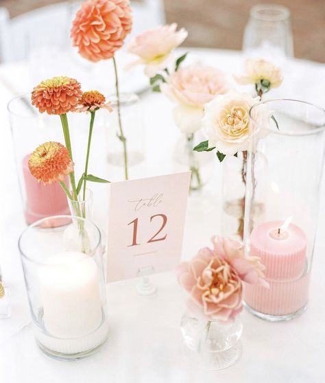 Pink Yellow Weddings, Bud Vases Wedding, Table Arrangements Wedding, Feminine Wedding, Sonoma Wedding, Wedding Vases, Blue Candles, Orange Wedding, Peach Wedding