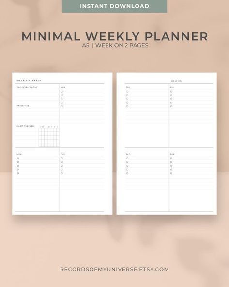 weekly bullet journal layout template digital Weekly Planner 2 Page Layout, Minimal Weekly Planner, Weekly Planner Printable Templates, Planner Template Printable, Weekly Planner Sheets, Binder Journal, Weekly Habit Tracker, Simple Daily Planner, Weekly Planner Inserts