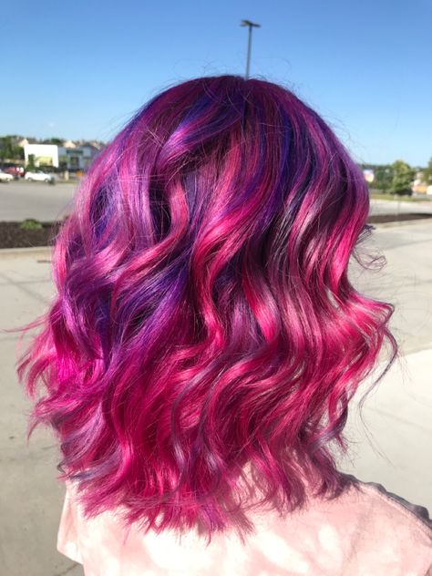 Barbiecore Hair, Purple To Pink Hair, Purple Hair With Pink Highlights, Lavender Things, Purple And Pink Hair, Bright Purple Hair, Pink And Purple Hair, Dark Pink Hair, Pink Purple Hair