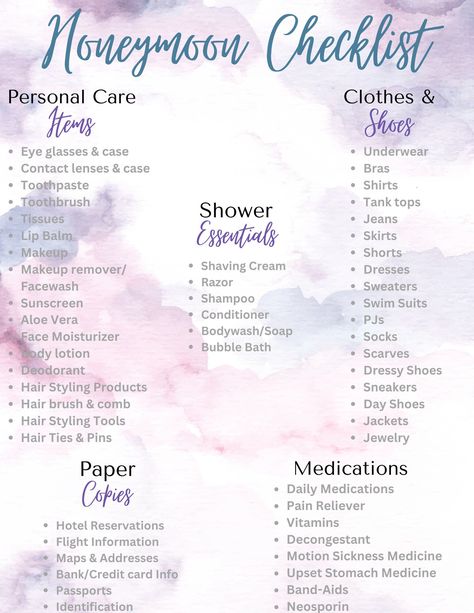 Take the stress out of packing for your honeymoon. Use this super-detailed honeymoon packing checklist as a guide of what not to forget for your magical getaway. Enjoy! Wedding Night Packing List, Honeymoon Packing List For Her, Honeymoon Planning Checklist, Honeymoon Checklist, Sock Bubbles, Honeymoon Packing List, Honeymoon Packing, Honeymoon Essentials, Makeup Remover Cream