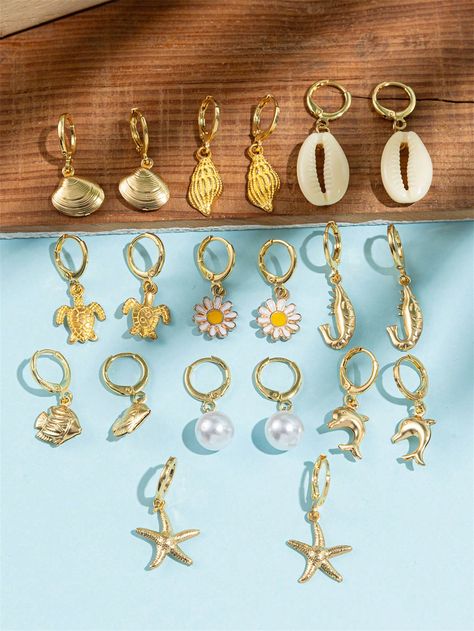 2pcs Fashionable & Elegant Marine Style Shrimp, Shell, Conch, Small Fish, Starfish, Sea Turtle, Scallop Plastic Pearl Daisy Pendant Earrings, Suitable For Summer Beach Travel Vacation, Great Gift For Girlfriend, Wife, Mother, Family, Friends' Birthday, Anniversary Gold    Copper     Women Fashion Jewelry, size features are:Bust: ,Length: ,Sleeve Length: Bohemian Beach Style, Ocean Theme Birthday, Turtle Sea, Pearl Pendant Earrings, Vacation Jewelry, Daisy Pendant, Teen Jewelry, Mother Family, Summer Beach Vacation