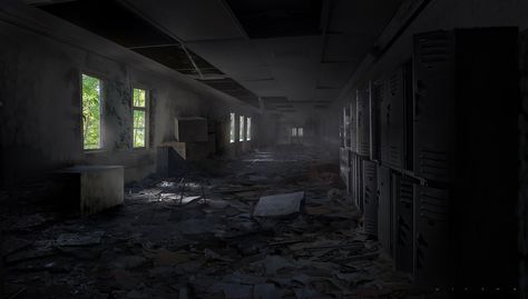 Abandoned school, victor mosquera on ArtStation at https://www.artstation.com/artwork/RQgm Gacha Zombie, Victor Mosquera, Dark Apocalypse, Zombie Background, Zombie School, Abandoned School, Apocalypse Art, Concept Art World, Scenery Background