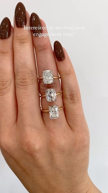 Her Rock | Lab Grown Diamonds on Instagram: "Which elongated shape would you choose? ▪️modified cushion ▪️antique cushion ▪️radiant Choosing the ratio of the stone is just as important as the color and clarity when deciding which stone is right for you. But don’t worry, here at Her Rock, we’ll help you along the way🤍 1:1 appointments available in person and virtually. Link in bio to get scheduled! Engagement ring, diamond ring, solitaire, 14k gold jewelry" Elongated Cushion Cut Engagement Ring, Diamond Ring Solitaire, Cushion Diamond Ring, Elongated Cushion Cut, Antique Cushion, Elongated Cushion, Radiant Engagement Rings, Cushion Engagement Ring, Engagement Ring Diamond