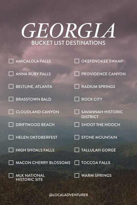 State of Georgia Bucket List // Local Adventurer #georgia #exploregeorgia #usa #visittheusa #localadventurer Georgia Bucket List, Best Weekend Trips, Usa Bucket List, Georgia Atlanta, State Of Georgia, Georgia Travel, Bucket List Destinations, Travel List, Foodie Travel