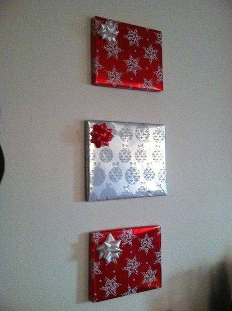 Wrap frames or mirrors that hang on the wall all year round in Christmas wrapping paper to add to your home's decorations! (Thanks, Aly!) Wrapping Paper Wall, Warm Home Decor, Paper Wall Art, Office Christmas Decorations, Christmas Time Is Here, Christmas Kids, Office Christmas, Xmas Decor, Christmas Crafts Decorations