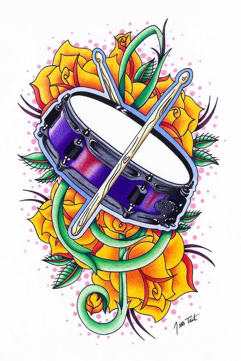 Drum Tattoo Commission by GoreJessGhouls on DeviantArt Drum Tattoos, Drum Artwork, Clef Tattoo, Treble Clef Tattoo, Drum Tattoo, Drums Wallpaper, Drums Artwork, Kids Drum Set, Meaningful Wrist Tattoos