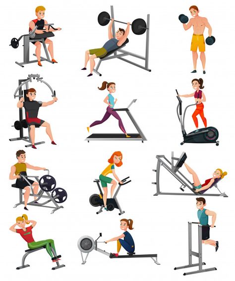 Exercise equipment with people set Free ... | Free Vector #Freepik #freevector #people #technology #woman #man Functional Training Gym, Handout Design, Memory Drawing, Commercial Gym Equipment, Gym Wallpaper, Elliptical Trainer, Bike Illustration, Best At Home Workout, Endurance Workout