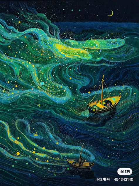 Whimsical Gouache Painting, Celestial Art Aesthetic, Celestial Painting Ideas, Night Ocean Painting, Undersea Illustration, Aesthetic Wall Painting, Imagination Painting, Star Illustration, Quirky Illustration