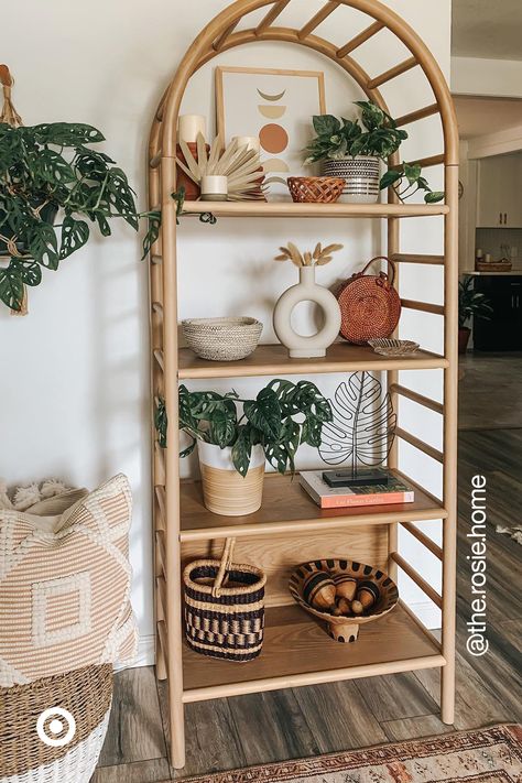 A curved wooden shelf is a versatile add-on to small spaces. The arching ladder detail gives this bookshelf an airy look to store & display without looking bulky. Curved Bookcase, Harvest Tablescape, نباتات منزلية, Salon Suites, Wooden Bookcase, Hobby Room, Apartment Decor Inspiration, Room Idea, Room Makeover Bedroom