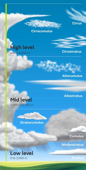 Cloud levels: find out how high they begin to form | Illustration: Met Office Cloud Types, Types Of Clouds, Type Chart, Cloud Type, Social Influence, Office Meeting, Castle In The Sky, Forest School, Cloud Shapes