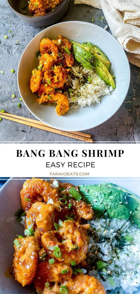 2 photos of plated easy bang bang shrimp. Top photo has a white bowl containing white rice, a serving of bang bang shrimp, sliced avocados, garnished with roasted seaweed and green onions. On the side is a pair of wooden chopsticks, a bowl of more shrimp, and a white cloth. The bottom photo is a close up of the white bowl. Popcorn Shrimp Meals Dinners, Popcorn Shrimp Meals, Tiny Shrimp Recipes, Recipes For Dinner Shrimp, Meals With Shrimp, Dinner Shrimp Recipes, Easy Bang Bang Shrimp, Bang Bang Shrimp Tacos, Bang Bang Shrimp Recipe