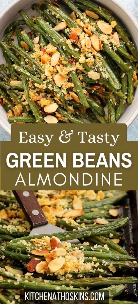 Learn how to make easy oven roasted green beans recipe that is vegan, healthy and makes a tasty vegetable side dish for dinner, thanksgiving or the holidays. If you have ever wondered how to cook fresh green beans, then this easy veggie side dish with almonds can be adapted with frozen green beans. Get the green beans almondine recipe at kitchenathoskins.com. Beans Almondine Recipe, Green Beans Vegan Recipe, Green Beans Oven Roasted Easy Recipes, Whole 30 Green Beans, Green Vegetable Side Dish Healthy, Fresh Beans How To Cook, Healthy Green Bean Recipes Clean Eating, Airfryer Green Beans Recipes, Almondine Green Beans