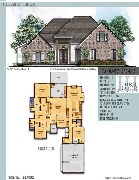 $800.00 House Plan 9 sets 2600 Sq Ft House Plans Open Two Story, 4 Bedroom Under 2000 Sq Ft, 2000 Sq Ft Rectangular House Plans, 2000 Sq Ft House Plans One Level Open Floor Country Farmhouse, 3bhk House Plan 2000sq Ft, Acadian Cottage, Master Suite Bedroom, Porch Flooring, Keeping Room