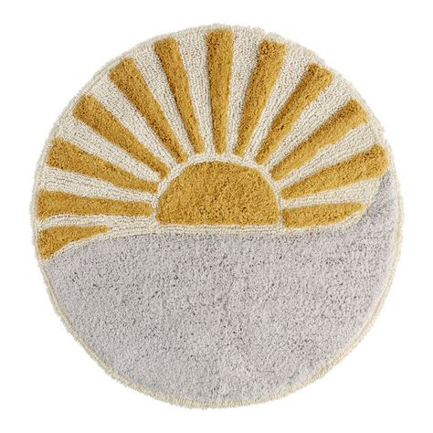 Round Sun And Wave Tufted Bath Mat - World Market Yellow Textures, Cotton Bath Mats, Bathroom Rugs And Mats, Persian Style Rug, Yellow Sun, Bath Rugs Sets, Wave Design, Rug Sets, Blue Waves