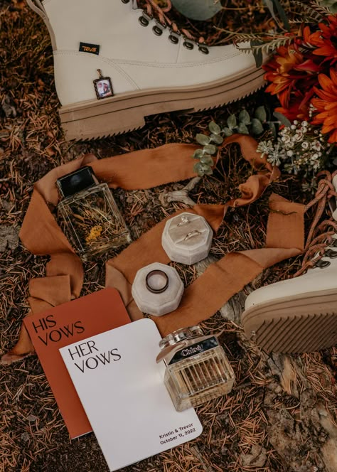 Fall Wedding Detail Shots, Elopement Details Photography, Fall Wedding Details Photography, Fall Wedding Elopement, Fall Wedding Flatlay, Elopement Flat Lay, Fall Wedding Details, Wedding Ring Detail Shots, Elopement Detail Shots