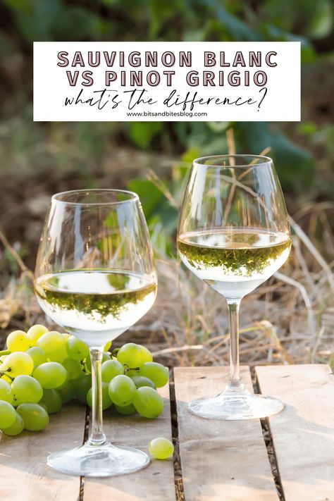 Sauvignon Blanc Vs Pinot Grigio - What's the difference? - bits and bites Bits And Bites, Types Of White Wine, White Wine Grapes, Riesling Wine, Sauvignon Blanc Wine, Pinot Noir Grapes, Fruity Wine, Pinot Blanc, Wine Flavors