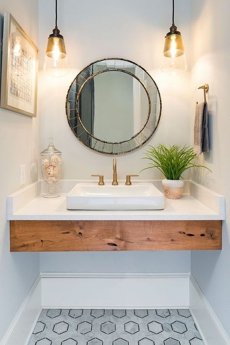 17 Bathroom Ideas To Steal From Pinterest | Grazia Floating Vanity Bathroom, Bad Inspiration, 아파트 인테리어, Floating Vanity, Half Bathroom, Trendy Bathroom, Powder Bath, Powder Rooms, Natural Home Decor