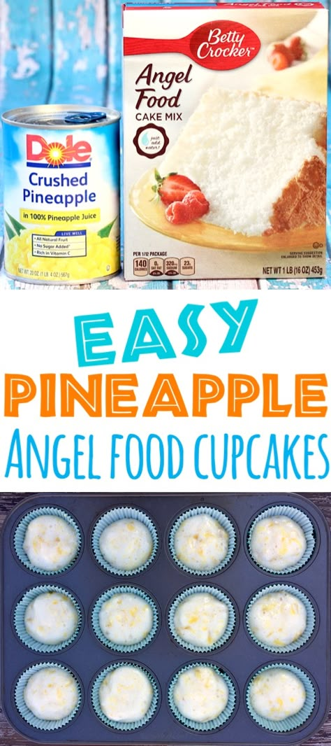 Pineapple Angel Food Cupcakes Recipe! {2 Ingredients} - The Frugal Girls Angelfood Cake With Pineapple, Angelfood Pineapple Cake 2 Ingredients, Pineapple And Angel Food Cake Recipe, Ww Pineapple Angel Food Cake, Angel Food And Pineapple Cake, Angel Food Muffins, Ww Angel Food Cake Crushed Pineapple, Pineapple Cupcakes Recipes Cake Mixes, Two Ingredient Cupcakes