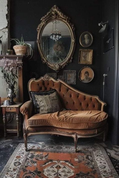 Gothic Living Room, Dark Home Decor, Casa Vintage, Goth Home Decor, Dark Home, Gothic Decor, Gothic Home Decor, Dream House Interior, A Mirror