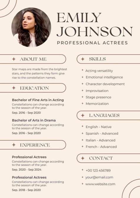 Modern Aesthetic Emily Johnson Acting Resume Acting Resume Template Beginner, Resume Template Aesthetic, Aesthetic Resume, Actor Resume, Acting Resume Template, Acting Resume, Graphic Design Cv, Acting Techniques, Presentation Maker