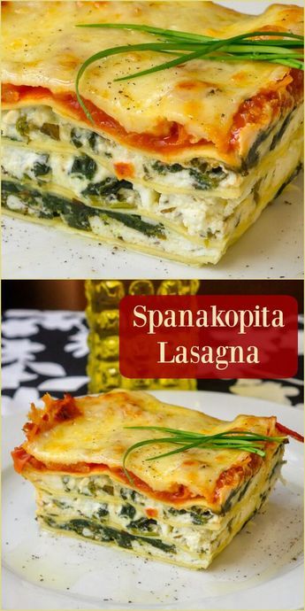 Spanakopita Lasagna - a fusion of Greek and Italian cuisines in a rich, incredibly flavourful lasagna, piled with layers of goat cheese, feta and spinach filling. Spanakopita Lasagna, Recipe Lasagna, Spinach Filling, Ricotta Spinach, Spinach Lasagna, Greek Cooking, Greek Dishes, Lasagna Recipe, Mediterranean Diet Recipes