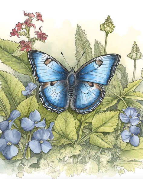 A cottage-core aesthetic Blue Butterfly Art Print illustration inspired by the British countryside, the beauty of our natural world and the animals that live in it, gardening, wildflowers, country living & British children's story classics like Wind in the Willows, Beatrix Potter, Peter Rabbit, Winnie The Pooh, The Witch in the Wardrobe, Enid Blyton Cottagecore vintage kitsch flowers flower rabbit animals, cottage core aesthetic garden, spring, floral Bramley hedge Jill Barklem. British Cottagecore, Bramley Hedge, Rabbit Winnie The Pooh, Blue Butterfly Art, Cottagecore Illustration, Butterfly On A Flower, Field Artwork, Jill Barklem, Countryside Art