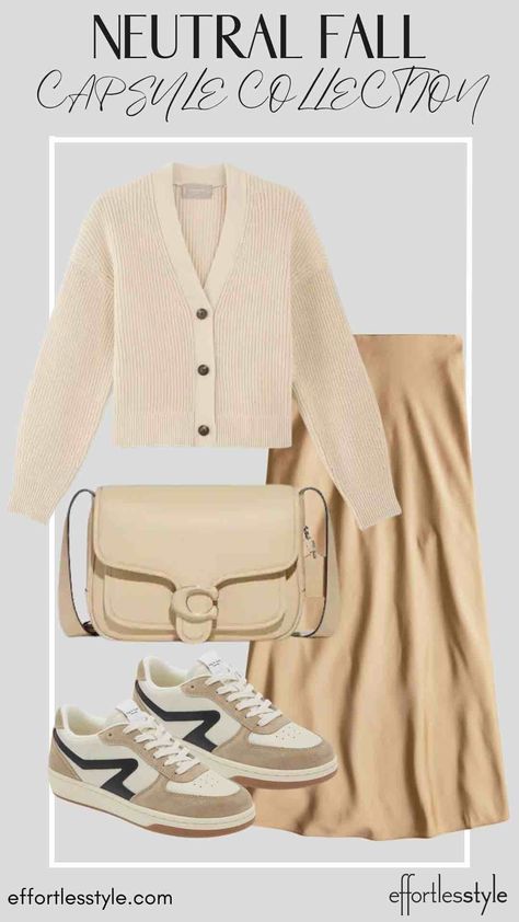 Neutral Fall Outfits Women, Boyfriend Cardigan Outfit, Slip Skirt Outfit, Neutral Fall Outfits, How To Wear Sneakers, Cardigan Outfit, Boyfriend Cardigan, White Tee Shirts, Fall Capsule Wardrobe