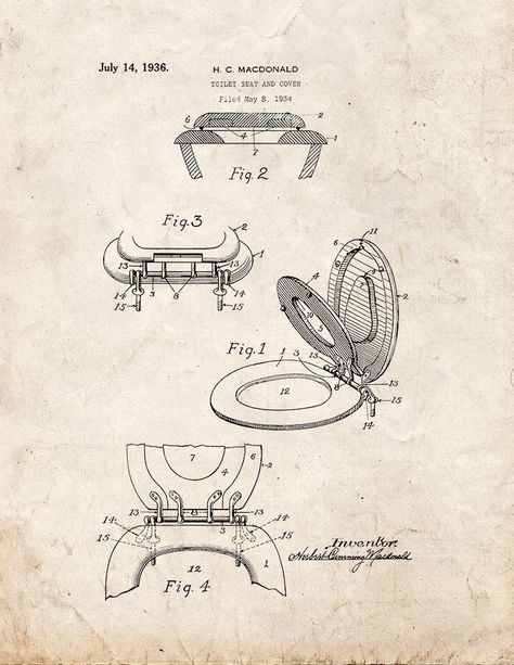 Amazon.com: Toilet Seat And Cover Patent Art Print Old Look Poster (8.5" x 11"): Posters & Prints Chalkboard Art Print, Vintage Toilet, Patent Art Prints, Historical Artwork, Patent Drawing, Funny Bathroom Signs, Patent Art, Printed Pages, Patent Prints