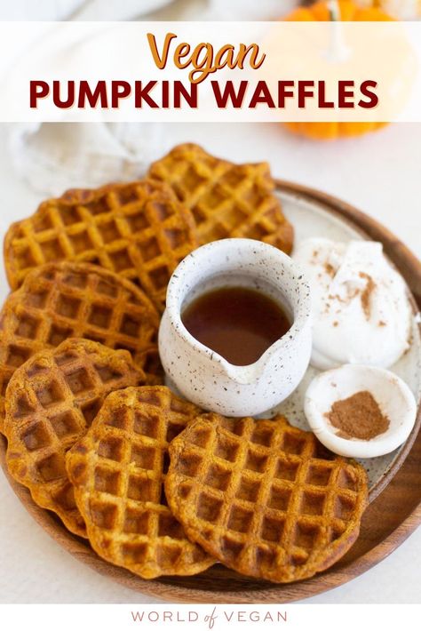 Start your morning with the cozy flavors of these spiced vegan pumpkin waffles! They're easy to make, packed with fall spices, and perfect for a delicious breakfast treat. Plus, you can top them with all your favorite extras like maple syrup, whipped cream, or fresh fruit. Delish! https://www.worldofvegan.com/pumpkin-waffles/ Vegan Pumpkin Waffles, Pumpkin Waffle Recipe, Vegan Chicken Recipes, Pumpkin Waffles Recipe, Autumn Breakfast, Vegan Waffles, Fall Vegan Recipes, Crispy Waffle, Pumpkin Waffles