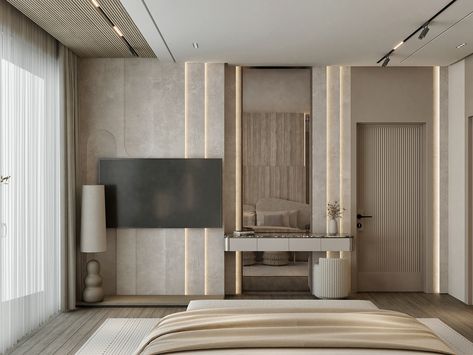 Wabi Sabi Bedroom Design, Modern Wabi Sabi Interiors, Bedroom Wabi Sabi, Wabi Sabi Bedroom, Green Headboard, Lodge Room, Tv Unit Interior Design, Classy Bedroom, Tv Room Design