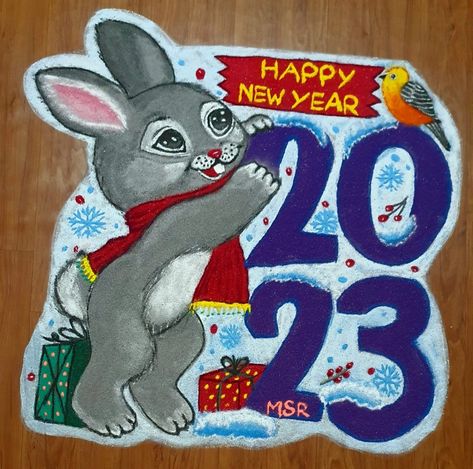 New Year Rangoli Design Cartoon, New Year Kolam Design, Happy New Year Rangoli Design, 2023 Rangoli, New Year Special Rangoli, New Year Rangoli Design, New Year Rangoli Designs, Rangoli Big, Cartoons Rangoli Design