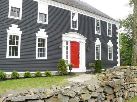 Creating a Charming Entryway with Red Front Doors House With Red Door, Dark Grey Houses, Red Door House, Best Front Door Colors, Gray House Exterior, Best Front Doors, Red Front Door, Black Shutters, Gray House