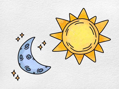 Sun And Moon Drawing Easy, Draw Sun, Sun And Moon Drawing, Sun Drawing, Sun And Moon Drawings, Children Sketch, Moon And Sun, Moon Drawing, Background Drawing