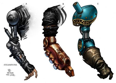 Robo Arms Victorian Prosthetic Arm, Steampunk Mechanical Arm, Steampunk Prosthetic Arm, Robo Arm, Apocalypse Ideas, Mechanical Limbs, Fantasy Equipment, Steampunk Arm, City Of Heroes