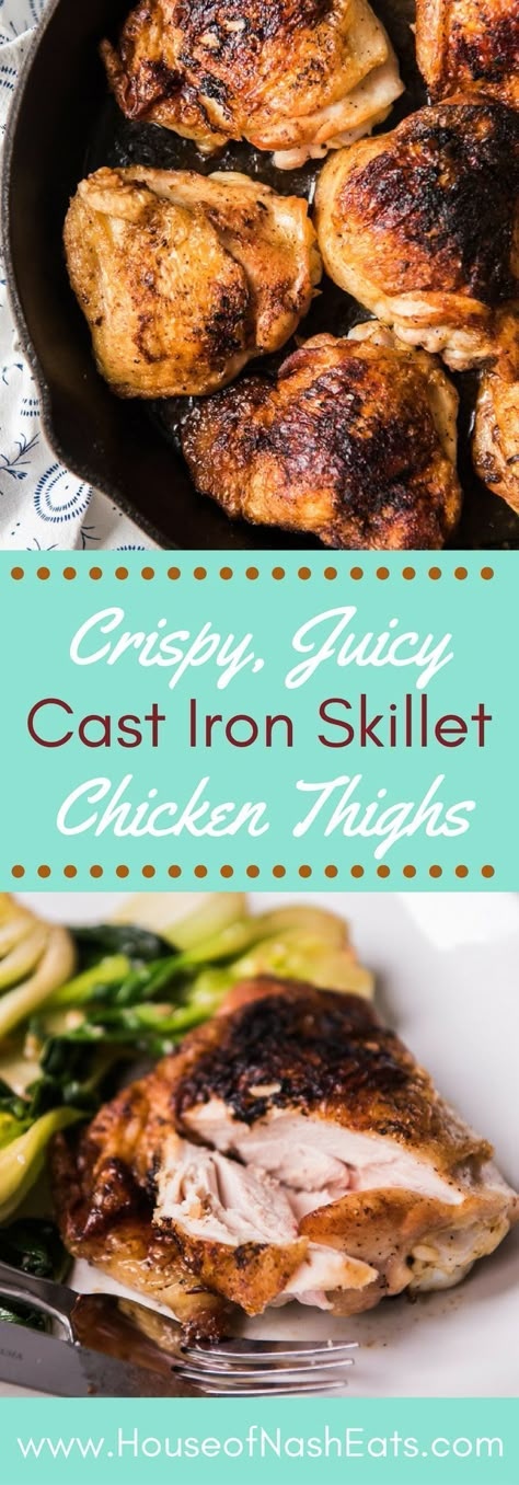 Crispy Cast Iron Skillet Chicken Thighs are always a hit with the family and are a mostly hands-off dinner that is ready in less than 30 minutes!  Better for you than classic fried chicken but still with delicious crispy skin and moist, tender meat that your family will love and that pairs perfectly almost any side! #chicken #thighs #fried #castiron #crispy #skillet #whole30 Cast Iron Skillet Chicken Thighs, Cast Iron Skillet Recipes Chicken, Iron Skillet Chicken, Skillet Chicken Thighs, Cast Iron Chicken, Bone In Chicken Thighs, Recipes Skillet, Chicken Crispy, Tender Meat