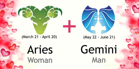 Aries Woman and Gemini Man Love Compatibility Aries And Gemini Relationship, Aries Relationship, Gemini Relationship, Gemini Compatibility, Horoscope Love Matches, Aries Zodiac Facts, Aries And Gemini, Aries Love, Compatible Zodiac Signs