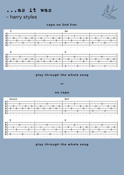 as it was from harry styles fingerpicking pattern - with and without capo Harry Styles Guitar, Ukulele Fingerpicking Songs, Ukulele Tabs Songs, Ukulele Fingerpicking, Guitar Tabs Acoustic, Guitar Tabs And Chords, Easy Guitar Chords, Guitar Tabs For Beginners, Learn Guitar Chords