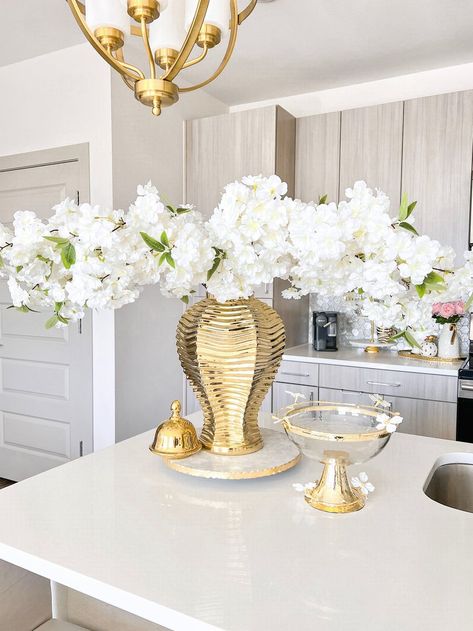 Bright Boho Living Room Decor Ginger Jars Decor, Orchid Bowl, Gold Planter, White Cherry Blossom, Kitchen Island Decor, Gold Vases, White Cherries, Floral Collection, Gold Ceramic