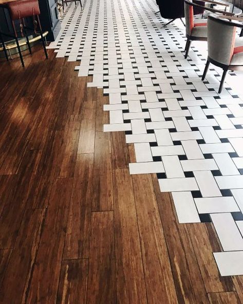 Top 70 Best Tile To Wood Floor Transition Ideas - Flooring Designs Tile To Wood Transition, Floor Transition, Transition Ideas, Transition Flooring, Wood Floor Design, Floor Tile Design, Kitchen Tile, Wooden Floor, Floor Patterns