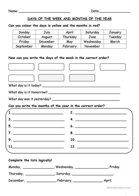 Esl Days Of The Week Worksheet, English Printables Worksheets, How Many Days In A Year, Month And Days Worksheet, Days Of The Week And Months Of The Year Worksheet, Elementary Worksheets Free Printable, Days Of The Week And Months Of The Year, Months Worksheet For Kids, Months And Seasons Worksheet