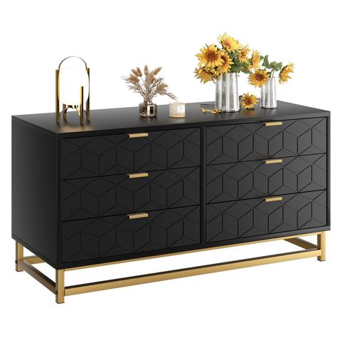 Black 6 Drawer Dresser for Bedroom, Wood Chest of Drawers with Metal Legs, Modern Storage Dresser Chest Cabinet Organizer, Large Dresser for Living Room, Hallway, Closet Large Dresser, Gold Dresser, Modern Chest Of Drawers, Accent Storage Cabinet, Black Dressers, Bedroom Chest Of Drawers, Dresser For Bedroom, Dresser Chest, Gold Bedroom