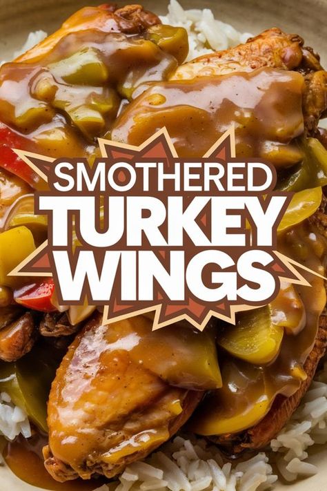 Indulge in the ultimate comfort food with our authentic Smothered Turkey Wings recipe straight from the heart of soul food cooking. Our mouthwatering dish features tender turkey wings bathed in rich, seasoned gravy that will satisfy your cravings for home-cooked goodness. If you're seeking a traditional yet flavorful meal that is both comforting and hearty, look no further than our Smothered Turkey Wings recipe. Smothered Turkey Wings Recipe Soul Food, Smothered Turkey Wings Soul Food, Turkey Wings Recipe Soul Food, Turkey Wing Recipes Baked, Smothered Turkey Wings Recipe, Wings Recipe Crockpot, Turkey Wings Recipe, Smothered Turkey, Smothered Turkey Wings