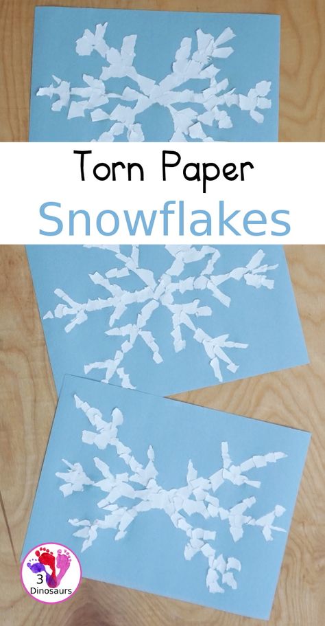 Torn Paper Snowflakes - a fun torn paper winter craft that kids can do and have a blast making - 3Dinosaurs.com #snowflakes #finemotorcrafts #3dinosaurs #snowflakecraft Torn Paper Snowflake Craft, Torn Paper Snowflake, Adaptive Art, Paper Snowflake Patterns, 3 Dinosaurs, Preschool Winter, Snowflake Template, Fine Motor Activities For Kids, Snow Activities